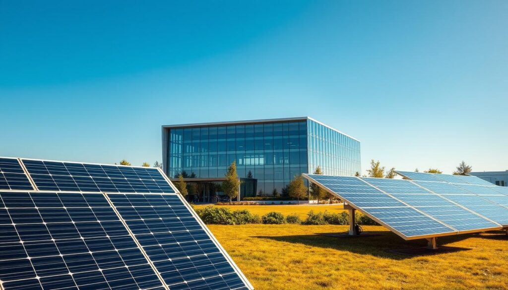 A sleek and modern solar energy company headquarters set against a backdrop of a clear blue sky. In the foreground, a large solar panel array glistens in the warm, golden sunlight, its clean lines and geometric shapes casting bold shadows across the landscaped grounds. In the middle ground, the company's main building, a striking glass and steel structure, reflects the sky and surrounding greenery, conveying a sense of sustainability and environmental consciousness. The scene is illuminated by soft, diffused lighting, creating a serene and welcoming atmosphere. The overall composition emphasizes the company's commitment to renewable energy and its harmonious integration with the natural environment.
