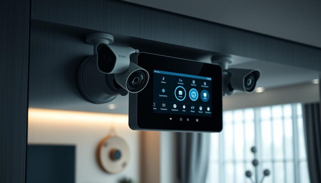 A sleek, minimalist home security system with a seamless touch interface, discreetly embedded into a modern, sophisticated interior. The system features an array of high-resolution cameras, motion sensors, and smart home integrations, all housed in a matte black, brushed aluminum casing. The lighting is subtle, with soft, indirect illumination accentuating the clean lines and futuristic aesthetic. The camera lenses are positioned at strategic angles, capturing a comprehensive view of the space. An atmospheric, futuristic mood pervades the scene, conveying a sense of advanced, reliable home protection.