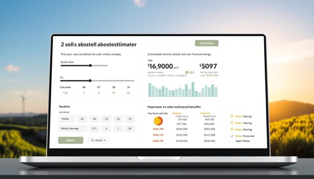 A sleek, minimalistic solar panel installation cost estimator interface displayed on a high-resolution desktop screen. The foreground features an intuitive calculator tool with adjustable sliders for system size, location, and energy consumption. In the middle ground, detailed infographics and visualizations showcase estimated monthly savings, payback period, and long-term financial benefits. The background subtly depicts a sun-drenched landscape, reinforcing the renewable energy theme. The overall design is clean, user-friendly, and conveys a sense of empowerment, helping homeowners confidently explore solar financing options.