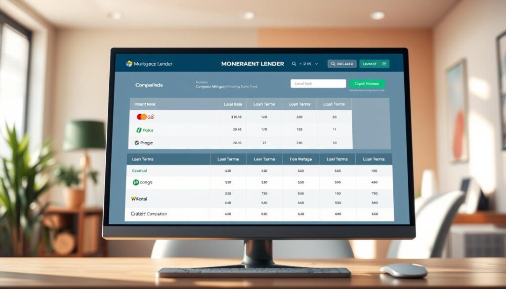 A sleek, modern digital comparison tool displayed on a high-resolution desktop computer screen. In the foreground, various mortgage lender logos and key details are neatly arranged, allowing the user to easily compare interest rates, fees, and loan terms side-by-side. The middle ground features a clean, minimalist user interface with intuitive navigation and filtering options. The background subtly depicts a warm, sun-drenched office space, conveying a sense of professionalism and trustworthiness. Soft, directional lighting casts a subtle glow, highlighting the tool's sharp graphics and streamlined design. The overall mood is one of efficiency, clarity, and financial confidence.