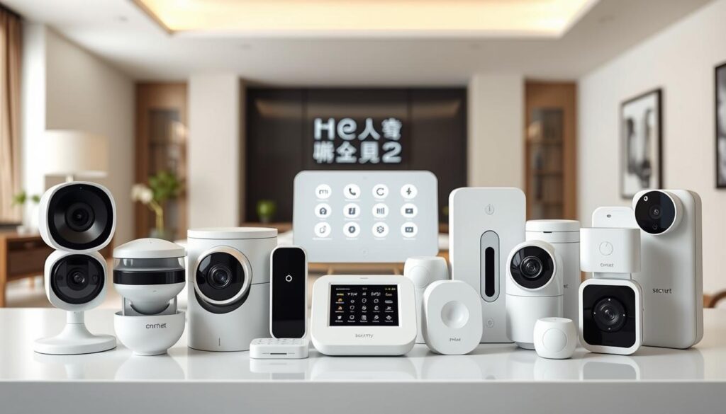 A sleek, modern home security display showcasing various top brand devices. In the foreground, high-quality surveillance cameras, motion sensors, and smart locks are neatly arranged. The middle ground features a minimalist control panel with intuitive icons, displaying key system information. The background depicts a minimalist, well-lit home interior with neutral tones, accentuating the sophisticated security solutions. The lighting is soft and diffused, creating a sense of security and technology integration. The overall composition emphasizes the comparison of leading home security systems, inviting the viewer to explore the options for their own home.