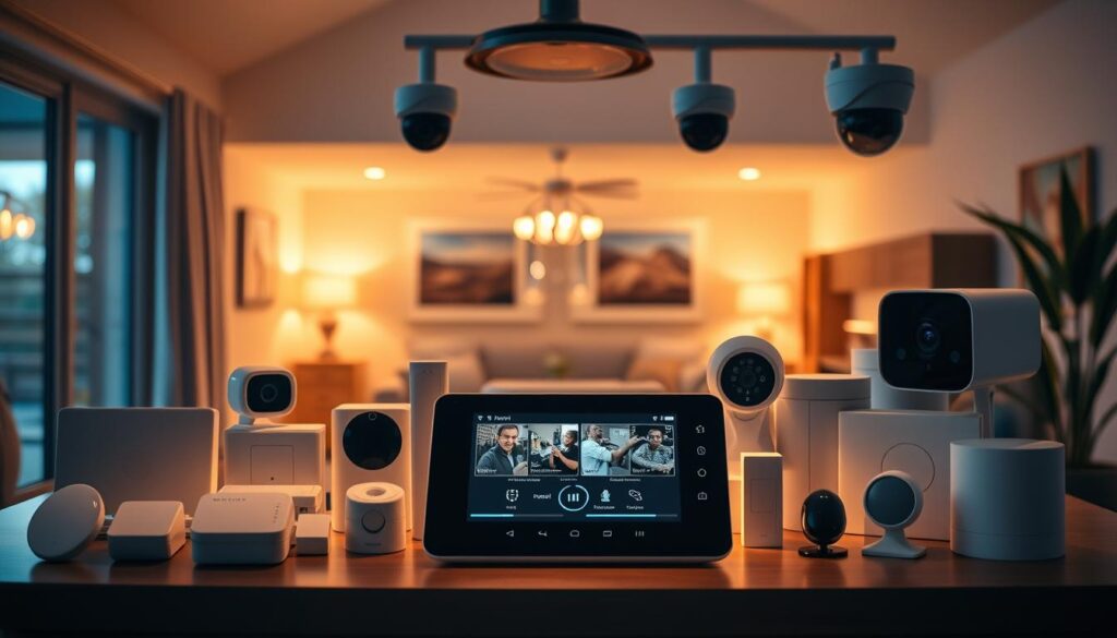 A sleek, modern home security system encompassing a central control panel, various sensors, and discreet surveillance cameras. The setup is illuminated by warm, ambient lighting, creating a sense of security and comfort. In the foreground, a touch-screen control panel stands ready, offering intuitive control over the entire system. Surrounding it, an array of motion detectors, door/window sensors, and high-resolution cameras are seamlessly integrated into the home's architecture. The background depicts a peaceful, well-lit interior, conveying a atmosphere of safety and protection for the homeowner.
