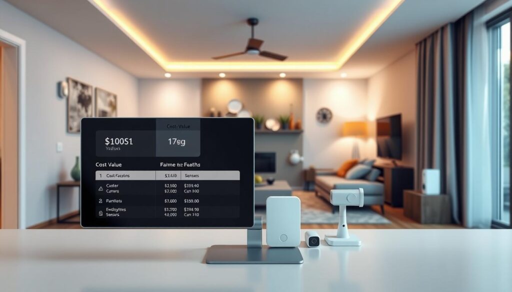 A sleek, modern interior with a central focus on a digital display showing the cost-value analysis of a home security alarm system. The foreground features the display with clear visualizations of cost factors and corresponding value benefits. The middle ground showcases the alarm system components: cameras, sensors, and control panels, all seamlessly integrated into the home's decor. The background depicts a cozy, well-lit living room, conveying a sense of security and comfort. The lighting is soft and warm, creating an inviting atmosphere. The composition emphasizes the harmony between the functional aspects of the alarm system and the aesthetic design of the home, delivering a visually compelling representation of the "Evaluating Cost vs. Value" section.