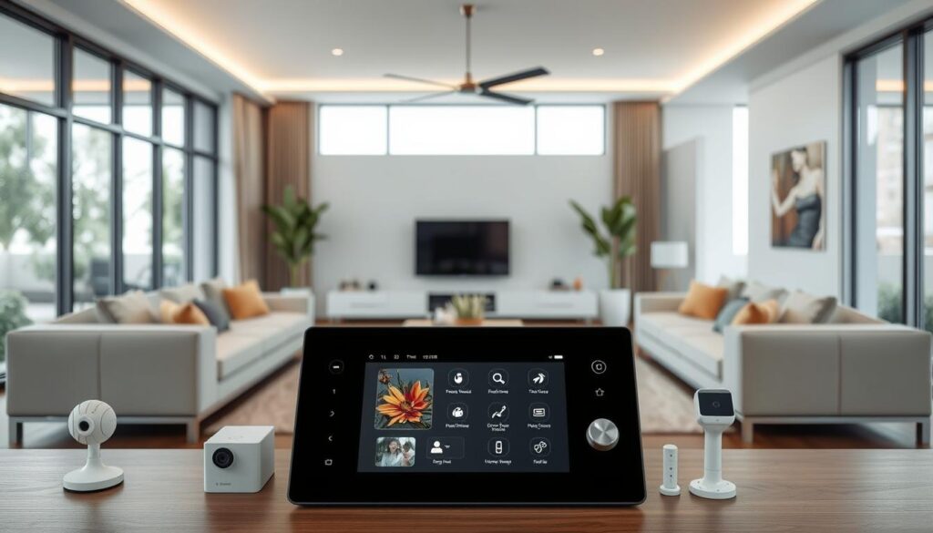 A sleek, modern living room with a focus on smart home security systems. In the foreground, a central touchscreen control panel stands prominently, its minimalist design and intuitive interface inviting user interaction. In the middle ground, various security devices are seamlessly integrated into the decor - compact cameras, motion sensors, and smart locks blend seamlessly with the room's elegant furnishings. The background features large windows, allowing natural light to flood the space and illuminating the high-tech security features. The overall atmosphere is one of sophistication, efficiency, and total home protection, creating a sense of comfort and safety.
