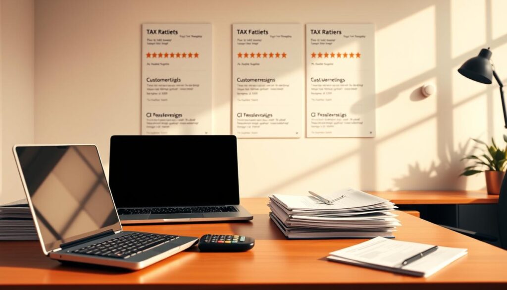 A sleek, modern office desk with a laptop, calculator, and stacks of paperwork, representing the key factors to consider in tax relief service reviews. Warm, natural lighting illuminates the scene, creating a professional and trustworthy atmosphere. The desktop is arranged neatly, conveying a sense of organization and attention to detail. In the background, a minimalist wall display showcases ratings and customer testimonials for various tax relief companies, providing visual context for the subject matter. The overall composition suggests a well-researched and carefully curated review process.