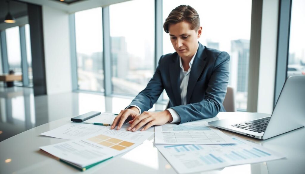 A sleek, modern office interior with a large, well-lit desk. On the desk, various documents, papers, and a laptop display information about different mortgage lenders. The foreground features a professional-looking person in business attire, hands resting on the desk as they compare the lender information. The background has floor-to-ceiling windows overlooking a cityscape, with soft, directional lighting illuminating the scene. The mood is one of focused analysis and informed decision-making, with a sense of professionalism and diligence.
