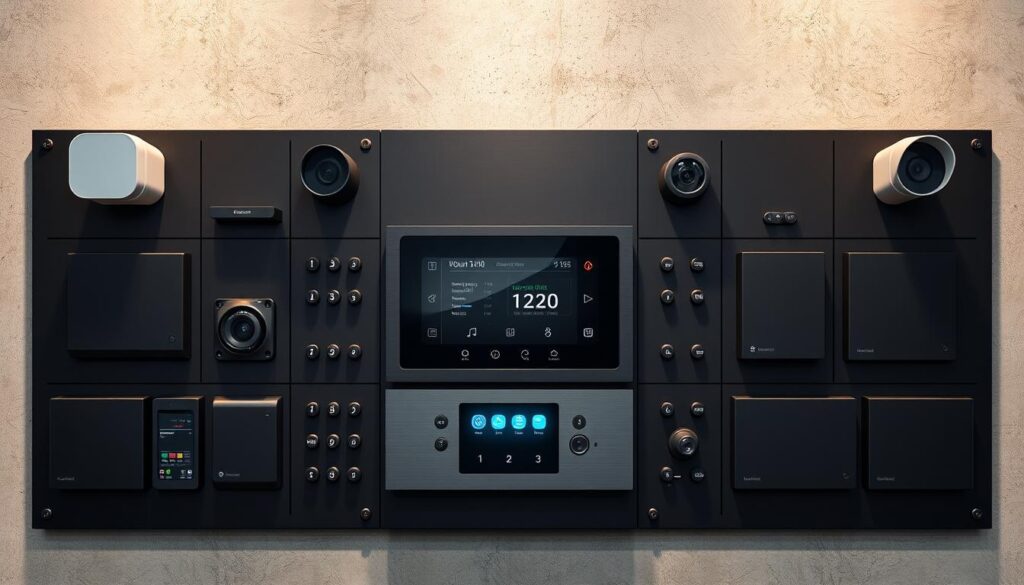 A sleek, modern security hub with an array of integrated sensors and surveillance cameras. Matte black panels housing motion detectors, infrared cameras, and a central digital display showcasing system status. Minimalist industrial design with clean lines and recessed lighting. A single command console radiates a soft ambient glow, flanked by subtly blinking indicator lights. Mounted on a bare concrete wall, the system projects an aura of advanced technology and comprehensive protection. Crisp shadows and highlights accentuate the precision engineering, conveying the system's reliability and efficacy in monitoring a residential space.