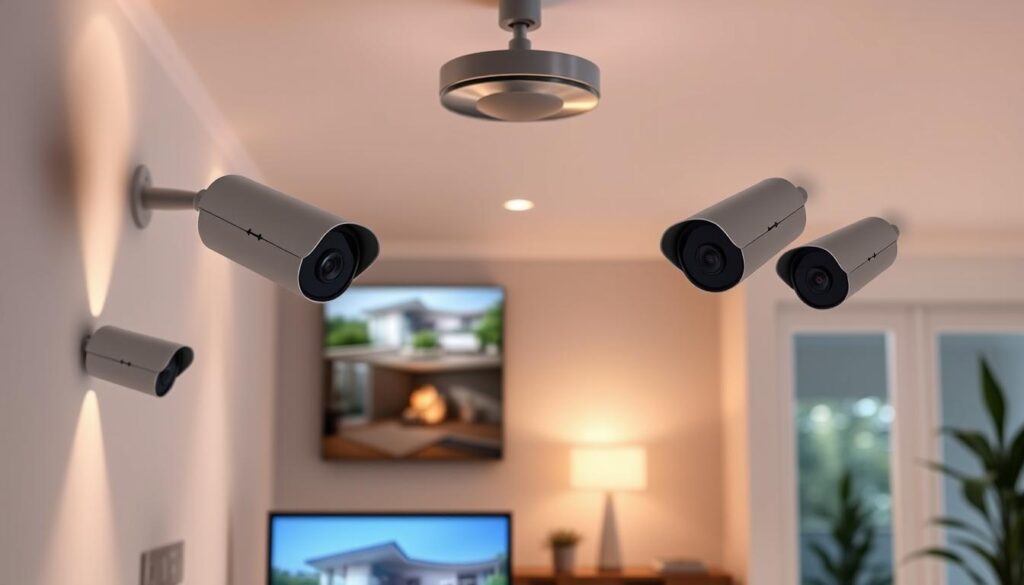 A sleek, modern smart home surveillance system with a minimalist design. The cameras are discreetly mounted on the walls, blending seamlessly into the home's decor. Soft, indirect lighting illuminates the scene, creating a warm and inviting atmosphere. The cameras feature high-resolution sensors, advanced motion detection, and night vision capabilities, ensuring comprehensive coverage of the home's interior and exterior. The crisp, clear footage is displayed on a central control panel, allowing the homeowner to monitor their property with ease and peace of mind. The entire system is interconnected, providing a cohesive and efficient home security solution.