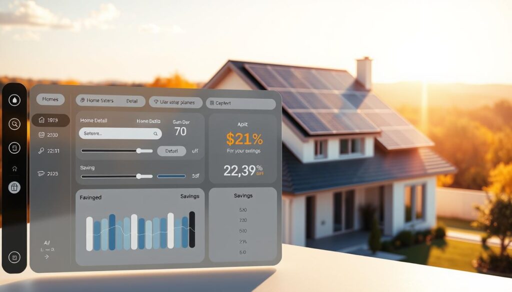 A sleek, modern solar panel cost estimator interface, rendered in photorealistic detail. The foreground features a clean, minimalist dashboard with intuitive controls, sliders, and toggles for inputting home details and estimating savings. The middle ground showcases a dynamic 3D model of a residential home, with solar panels seamlessly integrated into the roof. In the background, a vibrant, sun-drenched landscape sets the scene, hinting at the renewable energy and environmental benefits of solar power. Lighting is natural and directional, casting warm shadows that enhance the tactile quality of the digital interface. The overall mood is one of technological sophistication, environmental consciousness, and financial empowerment.