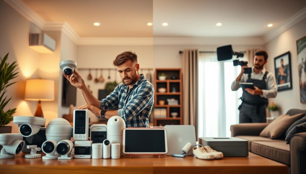 A sleek, well-lit home interior, showcasing a side-by-side comparison of a DIY security system installation and a professional one. In the foreground, an assortment of security cameras, motion sensors, and control panels are neatly arranged, highlighting the technical components. The middle ground depicts a handy homeowner installing the DIY system, brow furrowed in concentration, while in the background, a licensed technician expertly configures the professional setup, evoking a sense of expertise and convenience. Warm, neutral tones create a cohesive and sophisticated ambiance, inviting the viewer to consider the trade-offs between the two installation approaches.