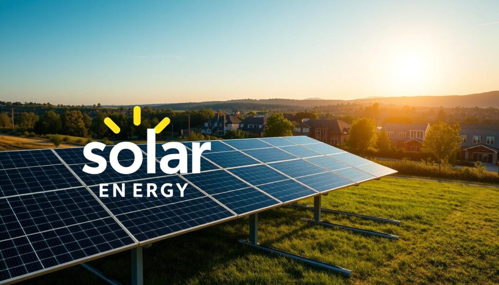 A solar energy company logo prominently displayed in the foreground, with a clean, modern design featuring a sleek sun icon and bold, minimalist typography. In the middle ground, a neatly arranged array of photovoltaic solar panels, casting soft shadows and bathed in warm, golden lighting. The background depicts a serene, suburban landscape with lush greenery and a clear, blue sky, conveying a sense of environmental harmony and sustainable living. The overall composition exudes a professional, forward-thinking aesthetic that aligns with the vision of a leading solar energy provider.