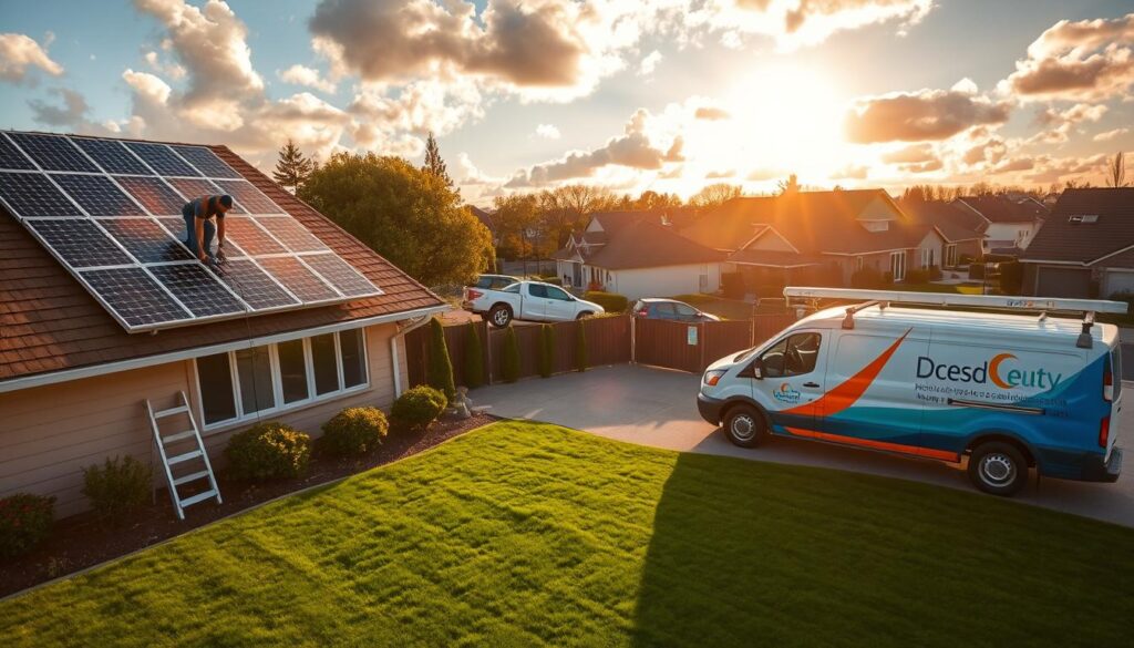 A solar installation company installing photovoltaic panels on a residential rooftop, with a technician inspecting the wiring and a truck with the company's logo parked in the driveway. The scene is illuminated by warm, golden sunlight filtering through scattered clouds. The middle ground features a well-manicured lawn, and the background showcases a suburban neighborhood with neatly trimmed trees and houses. The overall atmosphere conveys a sense of efficient, professional service and the environmental benefits of renewable energy.