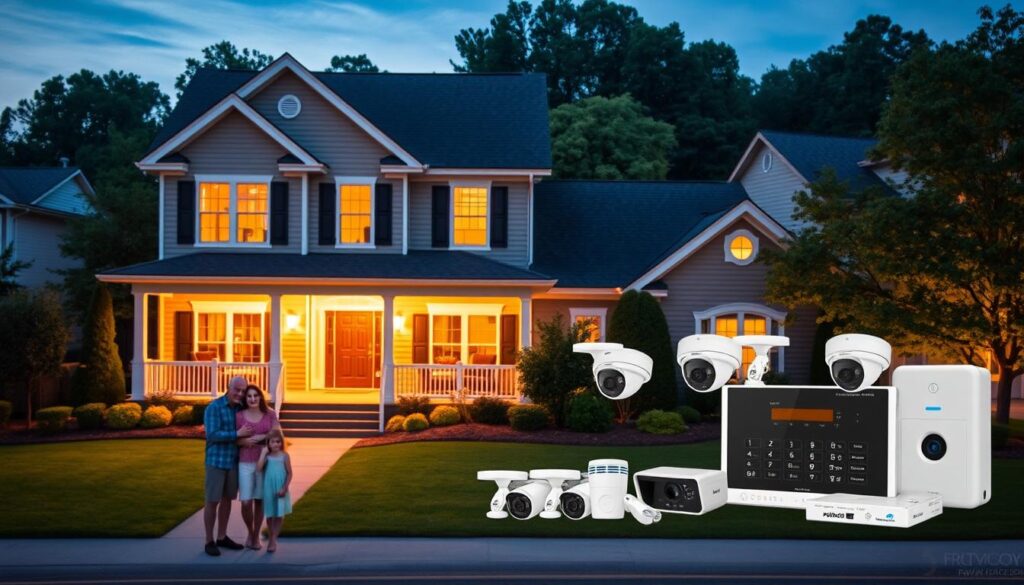 A stately two-story house nestled in a well-manicured suburban neighborhood, its exterior illuminated by warm, inviting lighting. In the foreground, a family stands proudly in front of their home, conveying a sense of security and contentment. The middle ground features a sleek, modern home security system, complete with cameras, sensors, and a control panel, seamlessly integrated into the home's design. The background showcases the lush greenery of the neighborhood, emphasizing the property's value and curb appeal. The scene evokes a feeling of safety, comfort, and the enhanced value that a comprehensive home security bundle can bring to a homeowner's most valuable asset.