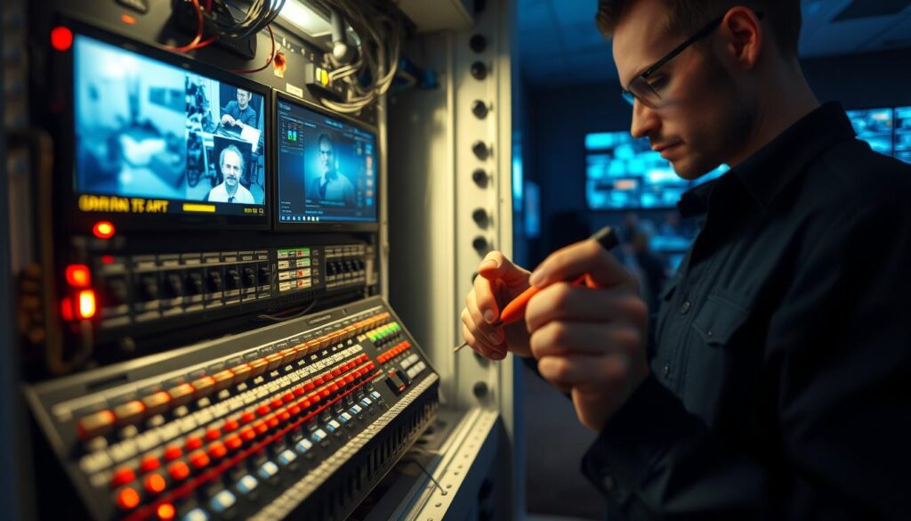 A technician meticulously inspecting the inner workings of a modern security system panel, bathed in the soft glow of ambient lighting. In the foreground, detailed shot of the control board with its array of switches, LEDs, and connectivity ports. In the middle ground, the technician's hands deftly maneuvering tools to test and maintain the system. The background reveals a dimly lit security monitoring room, with screens displaying surveillance feeds and security analytics. Convey a sense of precision, diligence, and the importance of regular maintenance for optimal home or business protection.