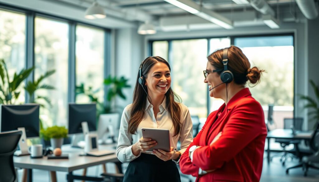 A vibrant office interior with a sleek, modern design. In the foreground, two customer service representatives in professional attire are engaged in a friendly conversation with a customer, their expressions conveying a sense of empathy and attentiveness. The middle ground features a well-organized workspace with state-of-the-art computer equipment and ergonomic furniture, suggesting a commitment to efficiency and customer satisfaction. The background showcases large windows allowing natural light to flood the space, creating a warm and inviting atmosphere. The lighting is balanced, with soft, indirect illumination highlighting the professionalism and attention to detail within the solar company's customer support team.