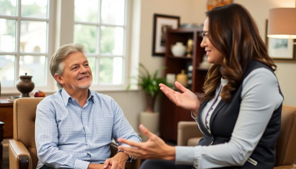 A warm and inviting office setting, with a focused client sitting across from a knowledgeable tax professional. The client's expression conveys relief and satisfaction, as the tax expert gestures confidently while explaining tax-saving strategies. The background features tasteful decor, suggesting a community-oriented atmosphere. Soft, natural lighting filters through large windows, creating a calming, trust-inspiring ambiance. The overall scene reflects the comprehensive, personalized solutions offered by Community Tax Relief, meeting the diverse needs of its clients.
