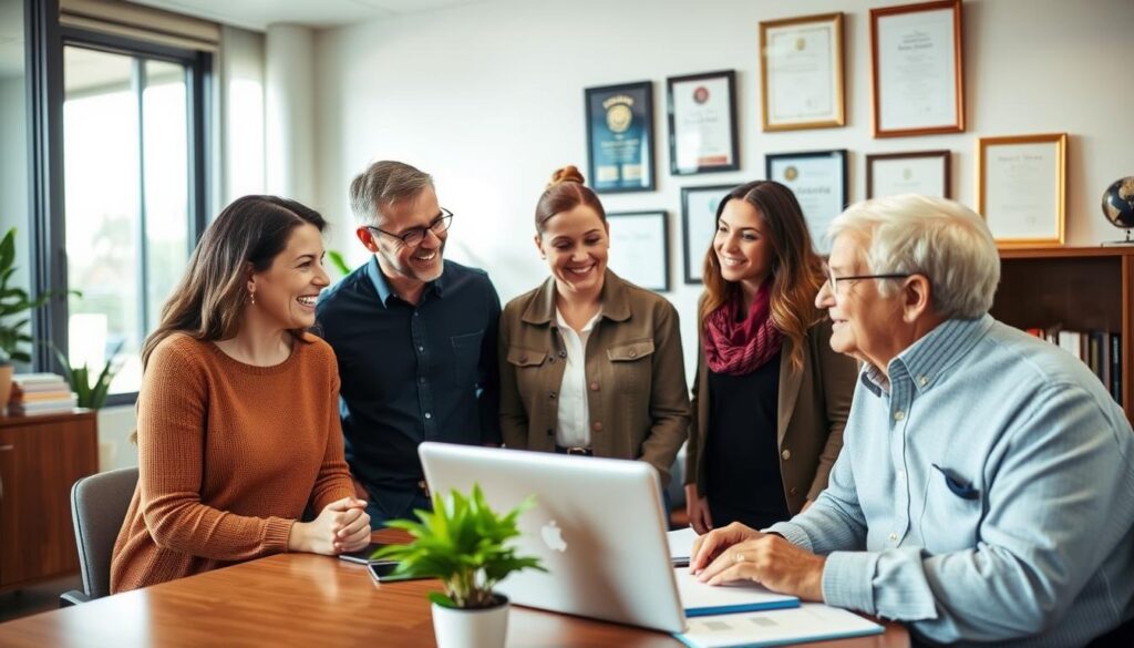 A warm and inviting office setting, with natural lighting filtering through large windows. In the foreground, a group of diverse individuals - a middle-aged couple, a young professional, and a senior citizen - are engaged in animated discussion, their faces alight with expressions of relief and satisfaction. The middle ground showcases a desk with a laptop, file folders, and a small potted plant, suggesting the successful resolution of their tax-related issues. The background features tasteful décor, including framed certificates and awards, conveying a sense of professionalism and trust. The overall atmosphere exudes a feeling of empowerment and positive transformation, reflecting the "Optima Tax Relief success stories" theme.