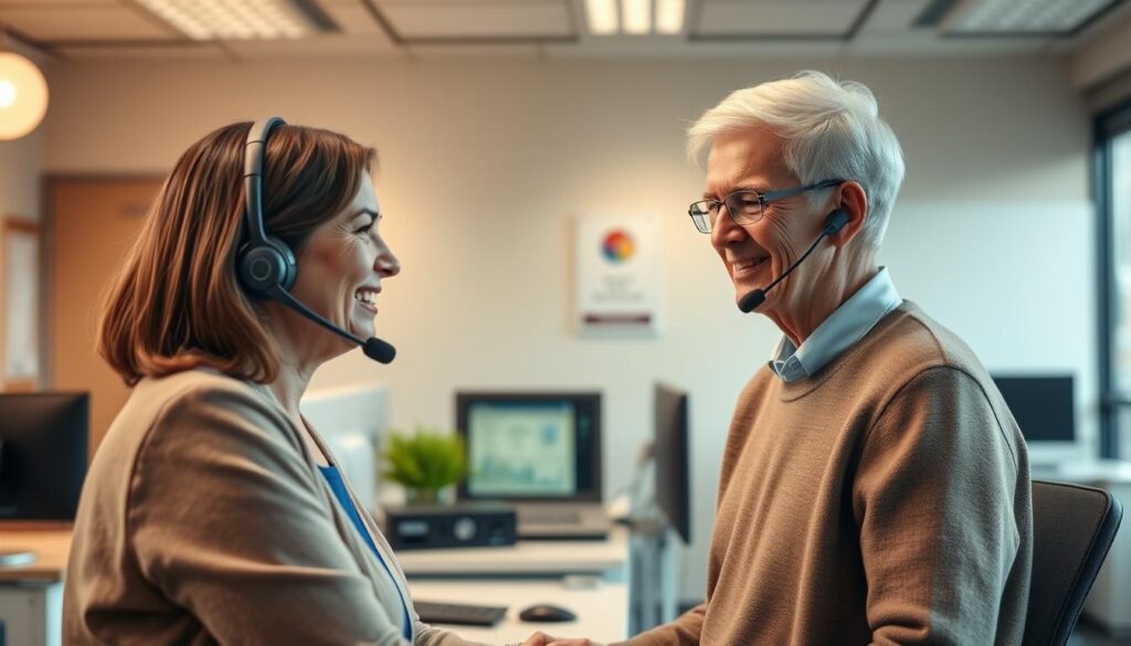 A warm and welcoming customer service office for medical alert systems. In the foreground, a friendly support agent attentively assisting an elderly customer, their faces illuminated by soft, natural lighting. The middle ground showcases a modern, well-equipped workstation with state-of-the-art communication devices. In the background, a calming, neutral-toned decor creates a soothing ambiance, conveying a sense of reliability and care. The overall scene radiates professionalism, empathy, and a deep commitment to ensuring the safety and well-being of medical alert system users.