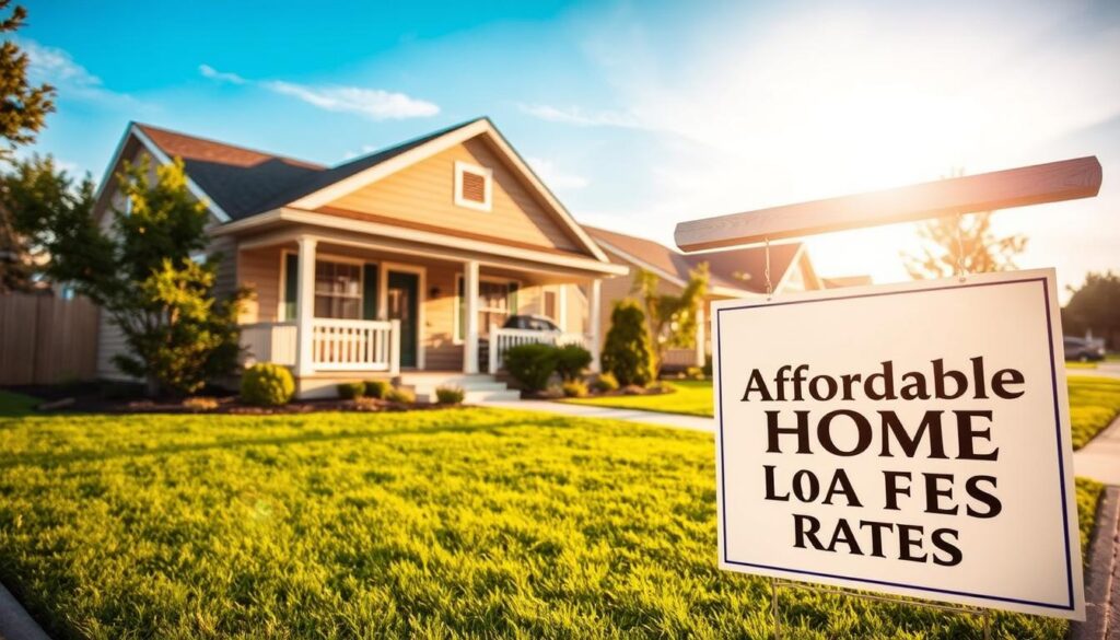 A warm, sunlit home exterior with a cozy, welcoming atmosphere. In the foreground, a "For Sale" sign proudly displays "Affordable Home Loan Rates" in clean, legible text. In the middle ground, a well-maintained, moderately-sized suburban house with a neatly manicured lawn and a freshly painted exterior. The background features a picturesque suburban neighborhood, with similar homes, lush greenery, and a clear blue sky with soft, diffused lighting. The overall scene conveys a sense of financial accessibility, stability, and the attainability of the American dream.