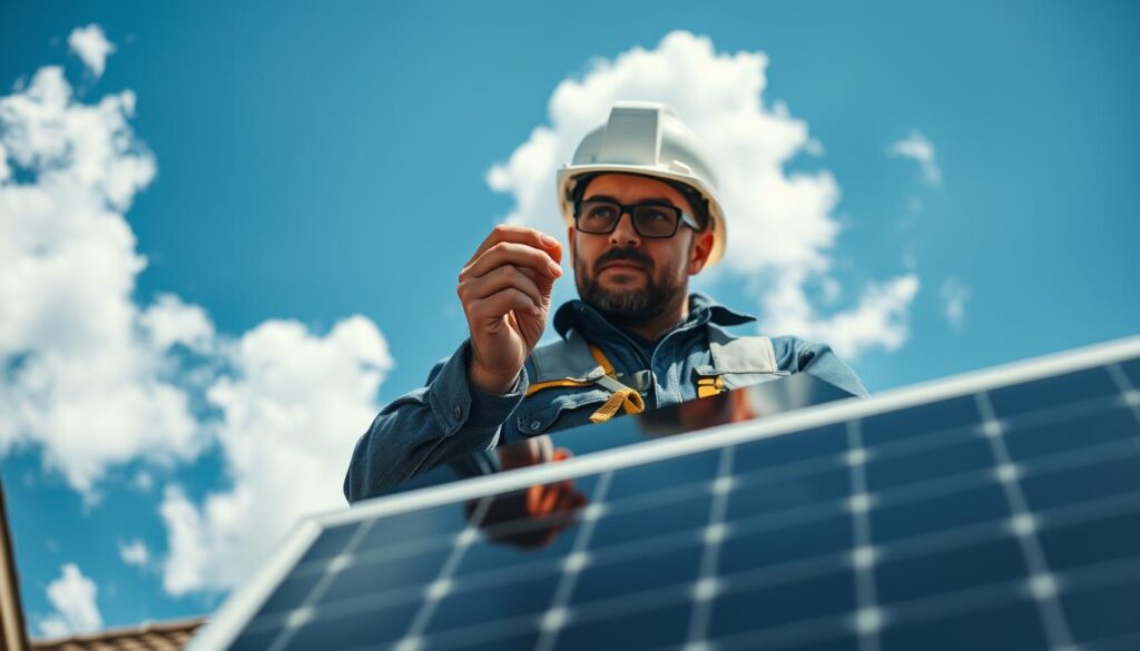 A well-lit, close-up view of a technician performing routine maintenance on a residential solar panel system. The technician, wearing a hardhat and safety gear, is carefully examining the solar panels, checking for any damage or debris. The solar panels are mounted on a sturdy metal frame, with the bright blue sky and fluffy white clouds visible in the background. The lighting is natural, with the sun casting a warm glow on the scene. The focus is on the technician's hands as they meticulously inspect the solar panels, conveying the importance of regular maintenance to ensure optimal performance and longevity of the system.