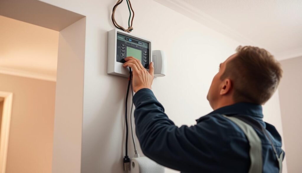 A well-lit, detailed close-up view of a professional alarm system installation process. The technician is carefully mounting the control panel on the wall, connecting wires, and testing the sensors. The foreground shows their hands and tools, the middle ground has the partially installed alarm system, and the background has a clean, domestic interior with neutral-toned walls. The lighting is bright and even, highlighting the precision and care of the installation. The overall mood is one of security, professionalism, and attention to detail.