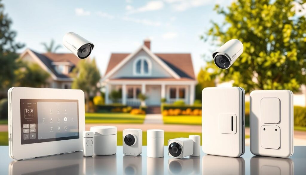A well-lit, detailed comparison of various home security features, including a modern smart home control panel, video surveillance cameras, motion sensors, and access control systems. The foreground showcases the latest security technology, with clean lines and a sleek, minimal design. The middle ground features a 3D model of a typical suburban home, with a neatly landscaped yard. The background depicts a serene, sunlit neighborhood, conveying a sense of safety and security. The lighting is soft, natural, and diffused, highlighting the technological components without harsh shadows. The overall composition is balanced, with a focus on the functionality and integration of the home security system.