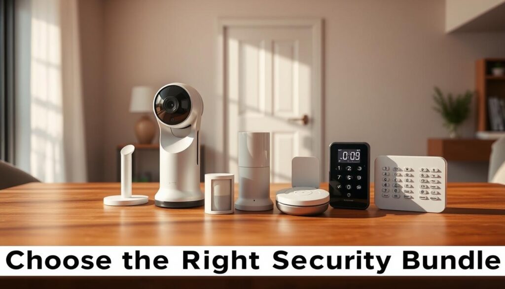 A well-lit, detailed image of a residential security bundle, featuring a high-quality home security camera, a smart door lock, a motion sensor, and a keypad alarm system. The scene is set in a modern, minimalist home interior with clean lines and neutral tones. The security devices are arranged neatly on a wooden table, casting soft shadows that create depth and dimension. The lighting is warm and natural, highlighting the premium materials and sleek designs of the security products. The overall mood is one of safety, security, and technological sophistication, reflecting the article's focus on choosing the right home security bundle.