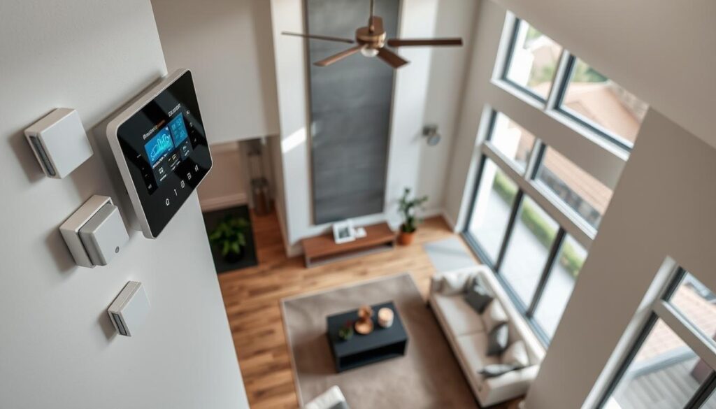 A well-lit, high-angle view of a modern home interior, showcasing a professional wireless alarm system installation. The foreground depicts the control panel, touchscreen interface, and various sensors mounted discreetly on walls and ceilings. The middle ground features the home's architectural details, such as sleek, minimalist furniture and neutral-toned decor. The background provides a glimpse of the home's exterior through large windows, suggesting a suburban or urban setting. The overall atmosphere is one of security, technology, and seamless integration, reflecting the article's focus on the advantages of wireless alarm systems.