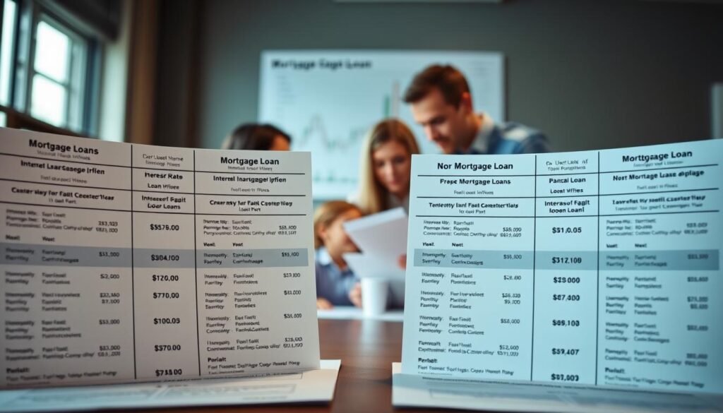 A well-lit, high-quality image showcasing a comparison of various mortgage loan options. In the foreground, display multiple loan offers side by side, each with key details such as interest rates, loan terms, and monthly payments prominently featured. In the middle ground, depict a person or family carefully reviewing and analyzing the different loan options, conveying a sense of thoughtful consideration. In the background, include a subtle financial graph or chart to provide additional context. The overall scene should exude a professional, informative, and decision-oriented atmosphere, guiding the viewer towards making an informed mortgage loan selection.