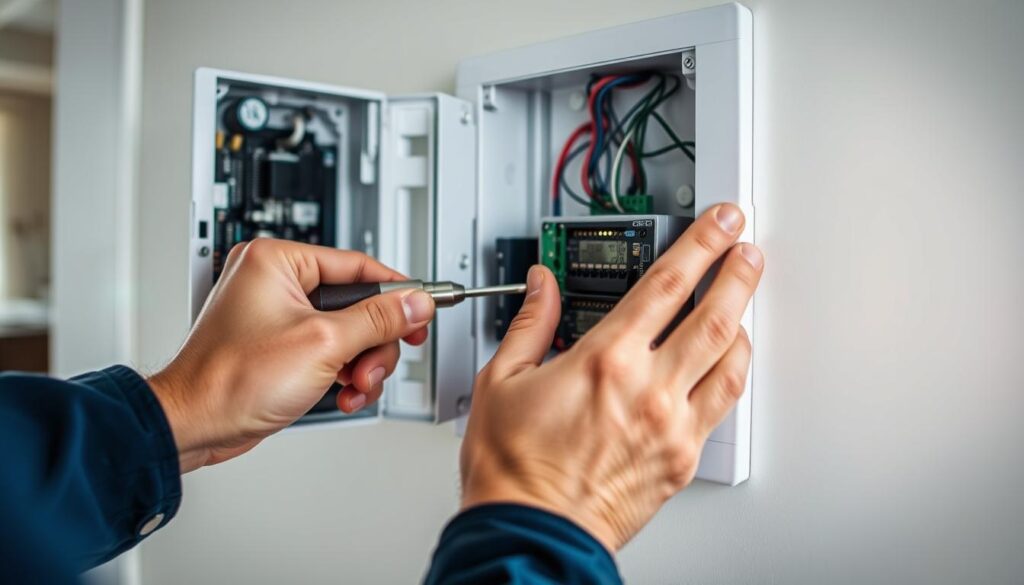 A well-lit, high-resolution close-up view of a technician's hands performing routine maintenance on a home security system. The technician uses a screwdriver to open the control panel, exposing the circuit boards and wiring. The background is blurred, but suggests a modern, clean interior space, perhaps a living room or hallway. The lighting is bright and natural, creating sharp shadows and highlights that emphasize the delicate work. The overall tone is one of competence, care, and attention to detail, conveying the importance of proper alarm system upkeep.