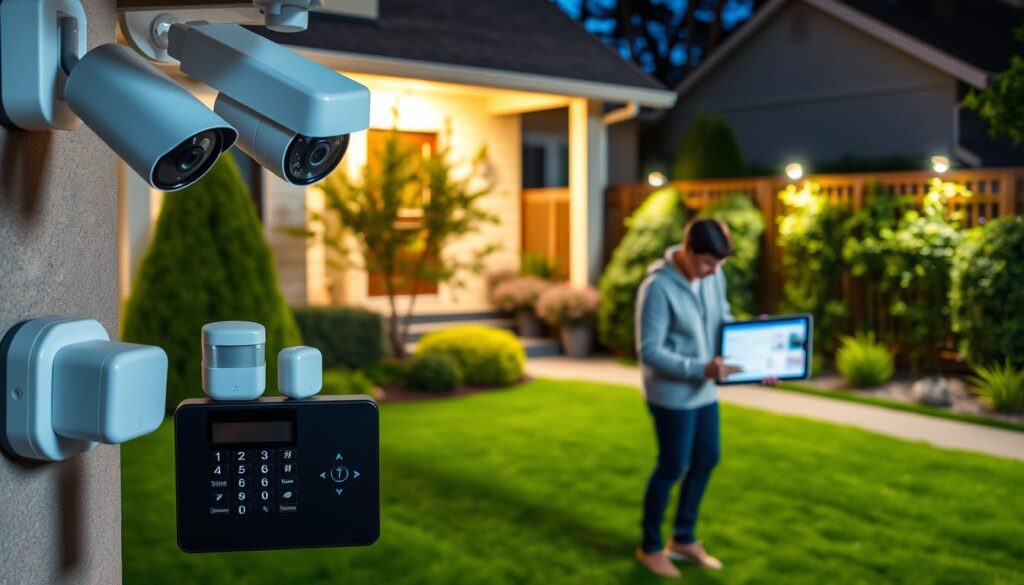 A well-lit home exterior with a focus on security features. The foreground showcases an array of security cameras, motion sensors, and a keypad for a smart home security system. The middle ground depicts a family member checking the security system's dashboard on a tablet, assessing the property's vulnerabilities. The background features a neatly manicured lawn, lush shrubbery, and a sturdy wooden fence, creating a sense of a safe, well-protected residential environment. The lighting is a combination of warm, ambient lighting and strategic spotlights illuminating the security components. The overall atmosphere conveys a balanced blend of modern technology and natural elements, reflecting a comprehensive home security assessment.