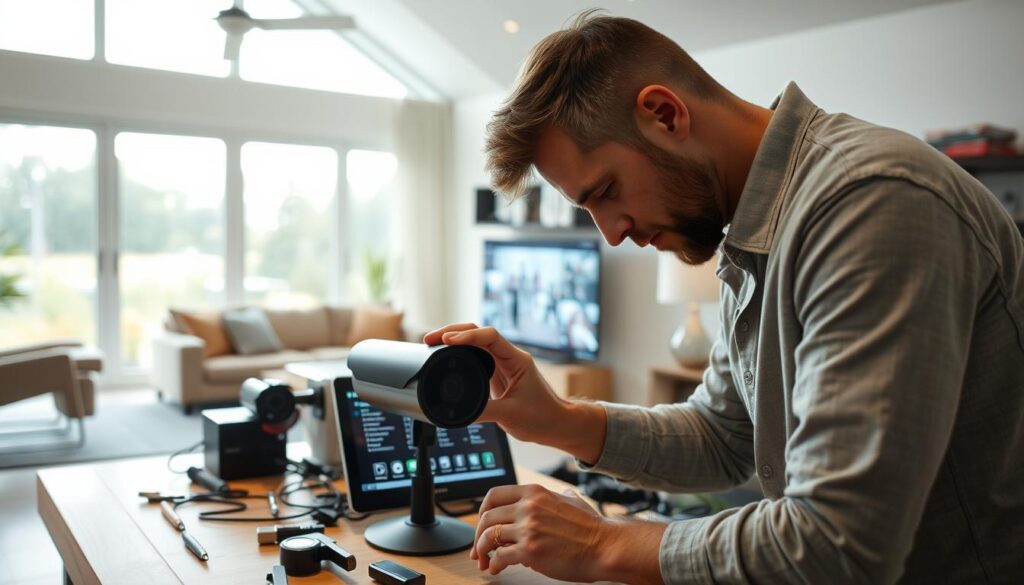 A well-lit home interior, the focus on a central workbench adorned with an array of home security tools and equipment. In the foreground, a homeowner carefully inspecting and maintaining a security camera, their expression one of diligent attention. The middle ground features a display screen showcasing real-time security footage, with a variety of icons and controls. The background depicts a stylish, modern living room, with large windows allowing natural light to flood the space, conveying a sense of security and comfort. The overall mood is one of a responsible, proactive approach to home safety, with a touch of technological sophistication.