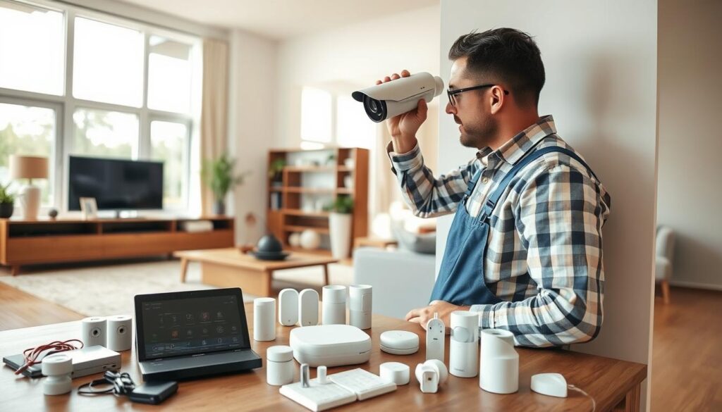 A well-lit home interior with a professional home security expert installing a high-tech security system. In the foreground, the technician is carefully mounting a sleek, modern security camera on the wall, thoughtfully considering the ideal positioning and angle. In the middle ground, various other security components are neatly laid out, including a control panel, motion sensors, and smart home integration devices. The background showcases a clean, minimalist living room with large windows, allowing natural light to fill the space. The overall mood is one of efficiency, safety, and seamless integration of advanced security technology into the home.