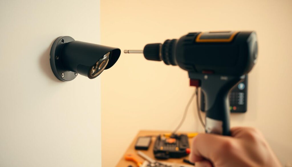 A well-lit indoor scene capturing the process of home security installation. In the foreground, a handheld drill meticulously secures a wall-mounted security camera, its sleek black casing contrasting against the clean white walls. In the middle ground, various tools and wiring neatly organized on a workbench, highlighting the technical expertise required. The background features a partially visible security control panel, its LED indicators softly glowing, conveying a sense of technological sophistication. Warm, natural lighting floods the space, creating a sense of order and control, perfectly suited for the "Common Mistakes to Avoid During Installation" section of the home security guide.