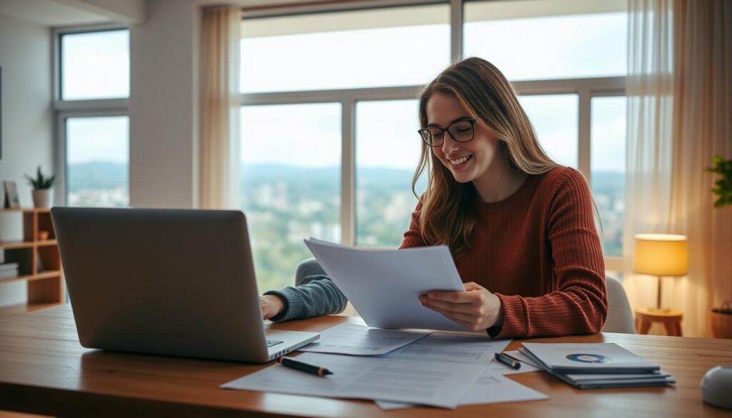 A well-lit, interior scene showcasing a young couple reviewing mortgage documents on a wooden desk. The couple appears relaxed and confident, with warm lighting casting a soft glow across the room. In the background, a large window overlooks a scenic cityscape, symbolizing the future home they are preparing to purchase. The desktop is neatly organized, with a laptop, a pen, and various financial documents spread out, conveying the seriousness of the pre-approval process. The overall mood is one of optimism and anticipation, capturing the benefits of being pre-approved for a mortgage.