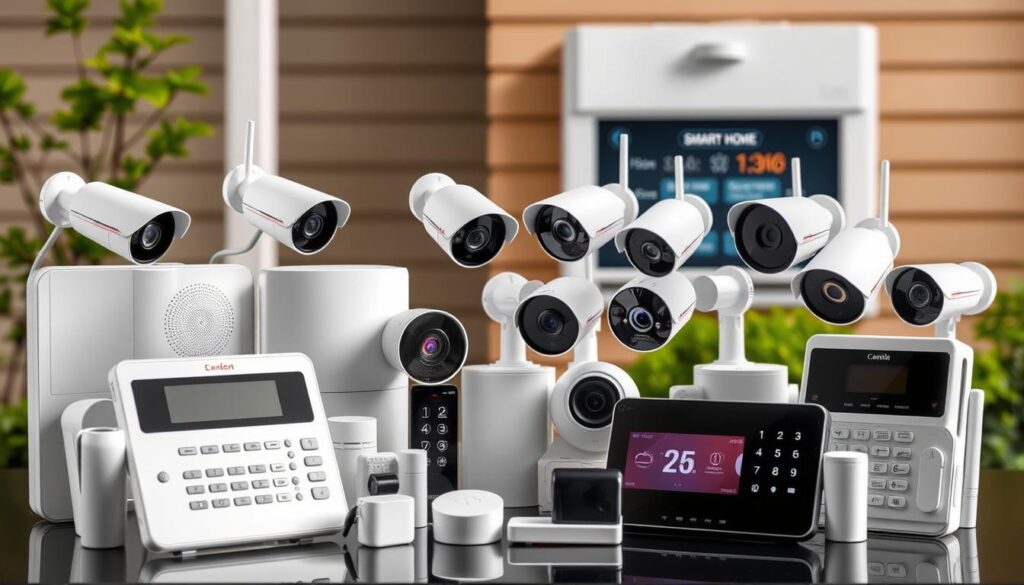 A well-lit, meticulously detailed image of the most popular and reliable Canadian alarm systems, showcasing a variety of options for different budgets. In the foreground, several top-rated home security systems are displayed, including sleek keypad panels, discreet sensors, and smart home integration components. The middle ground features outdoor security cameras in various mounting positions, capturing a 360-degree view of the property. In the background, a modern, energy-efficient smart home hub connects the systems, allowing for remote monitoring and control. The overall scene conveys a sense of safety, security, and technological sophistication, catering to the diverse needs of Canadian homeowners.