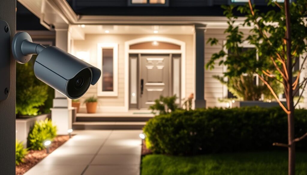 A well-lit, modern home exterior with a focus on security features. In the foreground, a sleek security camera mounted discretely on the front porch, capturing a wide, high-resolution view of the entrance. Surrounding the home, a series of strategically placed motion sensor lights, illuminating the property and deterring intruders. In the middle ground, a secure, reinforced front door with a smart lock system, allowing for remote access and monitoring. The background features lush, manicured landscaping, creating a sense of tranquility and control. The overall mood is one of safety, protection, and technological sophistication, conveying the homeowner's commitment to enhancing their home's security.