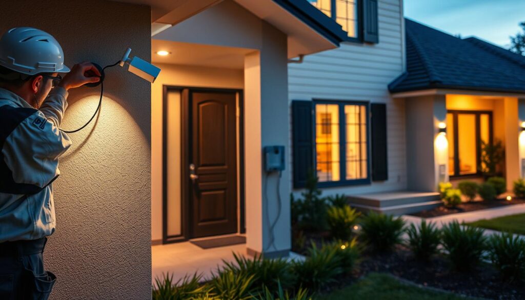 A well-lit modern home exterior with a professional security system installation in progress. In the foreground, a technician is wiring a discreet security camera on the wall near the front door. In the middle ground, the power supply box and control panel are mounted near the entrance, with cables neatly routed. The background shows a neatly landscaped yard with a clear view of the home's facade. The lighting is natural, warm, and inviting, conveying a sense of security and professionalism. The overall scene should reflect the legal and regulatory aspects of a home security system installation.