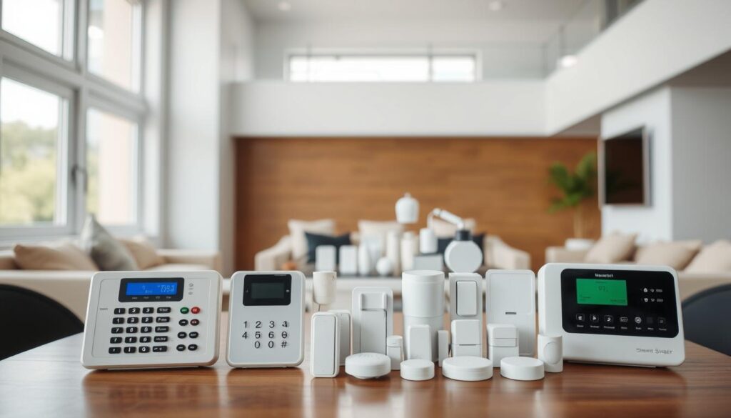 A well-lit, modern room with a sleek, minimalist interior design. In the foreground, three different alarm systems are prominently displayed on a wooden table - a traditional keypad-based system, a touchscreen-enabled system, and a smart home-integrated system. The middle ground showcases various sensors and detectors, including motion sensors, door/window sensors, and smoke/heat detectors, all in a clean, organized arrangement. The background features a large window, allowing natural light to flood the space and highlighting the advanced technology of the alarm systems. The overall atmosphere conveys a sense of security, convenience, and technological sophistication.
