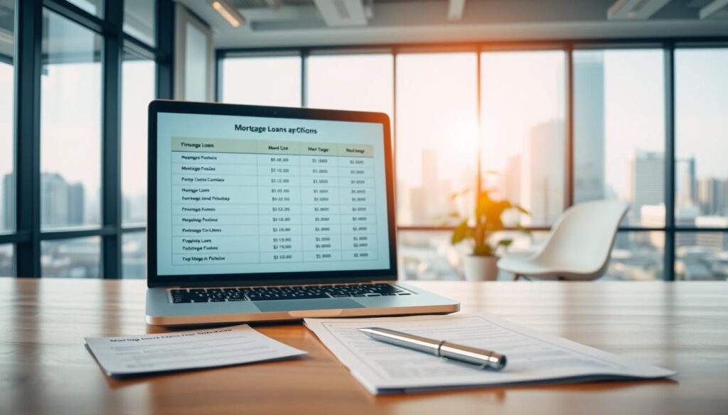 A well-lit office scene with a laptop displaying various mortgage loan options. In the foreground, financial documents and a pen rest on a sleek wooden desk. The middle ground features a modern office chair and a potted plant, creating a professional yet inviting ambiance. The background showcases a large window overlooking a bustling cityscape, bathing the scene in warm, natural light. The overall composition conveys a sense of expertise, financial security, and thoughtful decision-making for the viewer's mortgage loan choices.