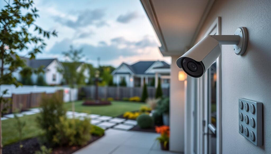 A well-lit, panoramic view of a modern home's exterior, showcasing a state-of-the-art security system. In the foreground, a sleek, discreet security camera is mounted on the wall, its lens meticulously angled to capture the entire property. The middle ground features a keypad panel next to the front door, allowing seamless access control and monitoring. In the background, lush landscaping and a tranquil suburban neighborhood set the scene, conveying a sense of safety and comfort. The overall image exudes a professional, high-quality aesthetic, reflecting the top-tier security service that homeowners can rely on.