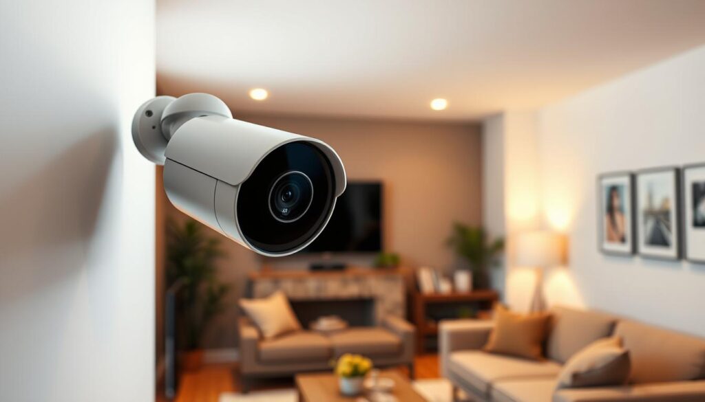 A well-lit room with a modern security camera mounted on the wall, capturing a clear view of the living room. The camera is sleek and discreet, its lens focusing intently on the space. The room has a cozy, inviting atmosphere, with soft lighting, plush furniture, and warm-toned accents. The camera is connected to a smart home system, seamlessly integrated to provide comprehensive home security and monitoring services. The overall scene conveys a sense of security and peace of mind, perfectly suited for a section on subscription plans and monitoring services for a home security system.