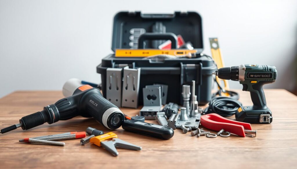 A well-lit tabletop scene showcasing an assortment of home security installation tools. In the foreground, a power drill, screwdriver set, and wire strippers rest neatly. In the middle ground, a toolbox and level are positioned alongside mounting brackets and cable clips. The background features a subtle, blurred representation of a wall, subtly suggesting the intended installation environment. The lighting is soft and natural, creating an atmosphere of precision and professionalism suitable for a home improvement project.