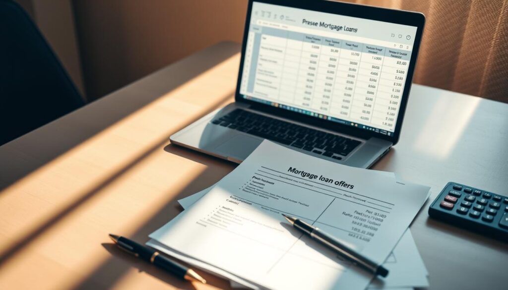 An elegant and minimalist tabletop scene, with a laptop and a stack of documents representing mortgage loan offers. The laptop's screen displays a spreadsheet, allowing for easy comparison of loan terms, interest rates, and monthly payments. Soft, directional lighting casts warm shadows, creating a professional and focused atmosphere. The documents are neatly arranged, with a pen and calculator nearby, suggesting a thoughtful, analytical approach to the decision-making process. The overall composition conveys a sense of financial responsibility and informed decision-making for an investment property.