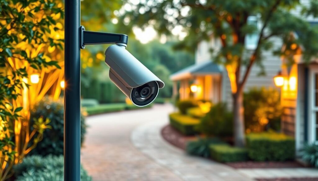 An outdoor security camera system with a sturdy, weatherproof housing mounted on a tall pole, surrounded by lush greenery and well-lit by warm, directional lighting. The camera has a high-resolution lens and a wide-angle view, capturing the entire front yard and driveway in sharp detail. The system is discreetly integrated into the landscape, blending seamlessly with the environment to deter potential intruders while ensuring comprehensive home security coverage.