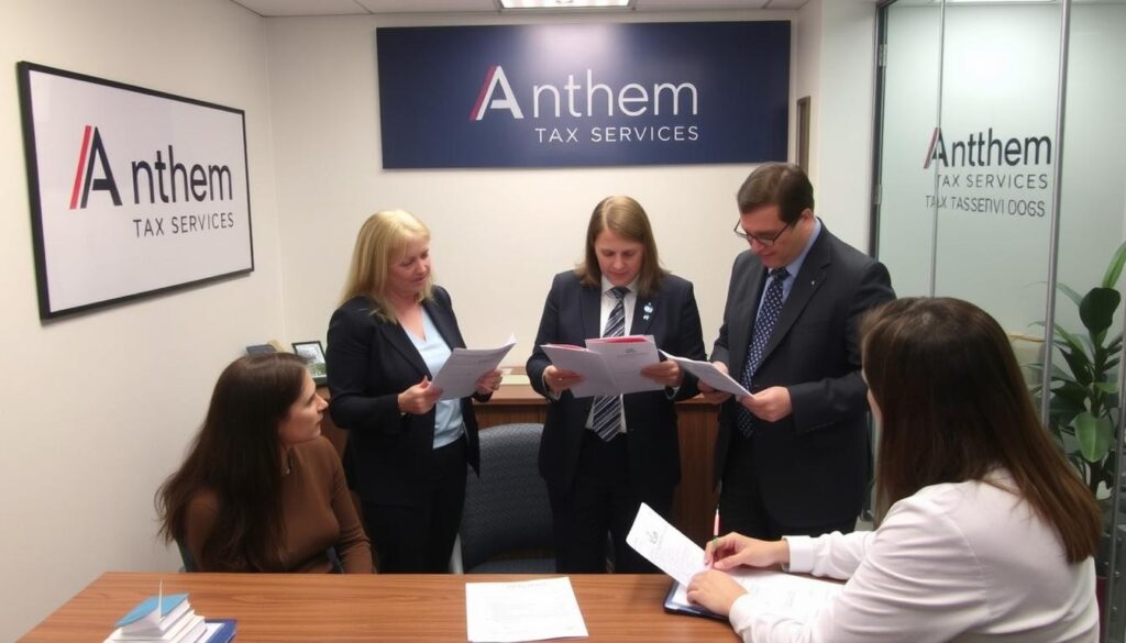 Anthem Tax Services experts reviewing tax documents with clients Anthem Tax Services experts reviewing tax documents with clients