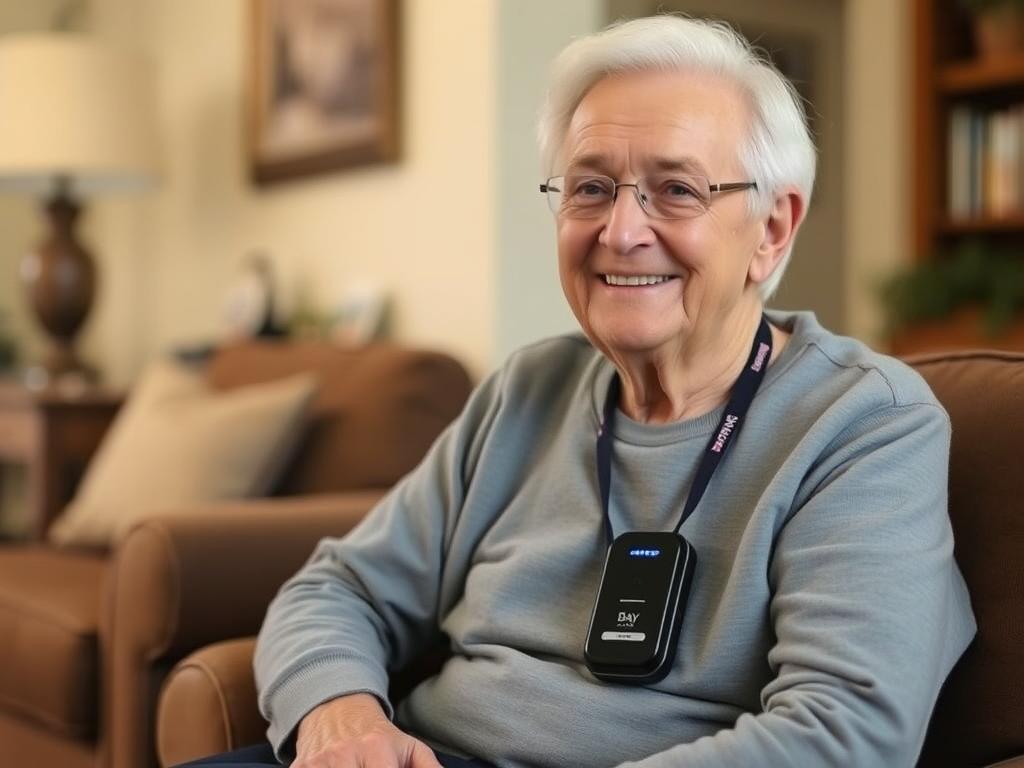 Bay Alarm Medical SOS All-in-One 2 device being worn by a senior, highlighting the medical alert system's wearability Bay Alarm Medical SOS All-in-One 2 device being worn by a senior, highlighting the medical alert system's wearability