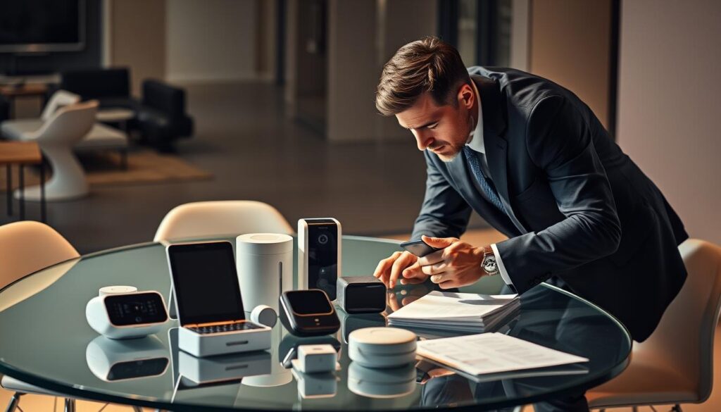 Competitive Analysis: A sleek, modern office setting with a curved glass table and minimalist chairs. On the tabletop, various devices and documents are neatly arranged, representing different home security systems. In the foreground, a well-dressed executive is leaning forward, intently comparing the features and specifications of the products. The lighting is warm and directional, casting dramatic shadows and highlighting the thoughtful expression on the person's face. The background is blurred, creating a sense of focus and prioritization on the comparative analysis at hand.