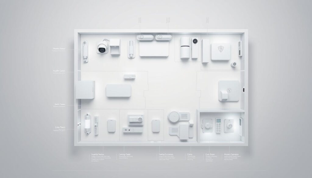 Detailed blueprint of a modern home security system layout, showing the strategic placement of various components such as motion sensors, security cameras, alarms, and entry points. Crisp, technical illustration with a clean, minimal aesthetic. Precise, engineered perspective capturing the entire system from an overhead angle, highlighting the interconnected nature of the components. Muted, neutral color palette with hints of metallic accents to convey a sense of advanced technology and security. Bright, evenly distributed lighting to emphasize the clarity and functionality of the design. Conveys a reassuring atmosphere of safety and protection for the homeowner.