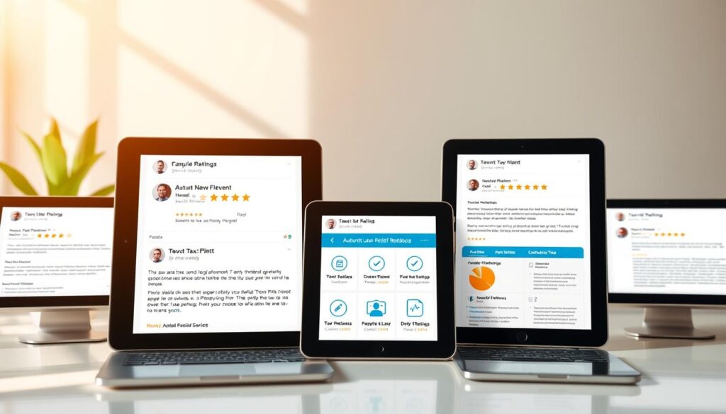 Detailed online reviews and ratings of top tax relief service providers, showcased against a clean, minimalist background. The foreground features sleek, modern devices displaying authentic user feedback, reviews, and star ratings. The middle ground includes icons and graphics representing various tax relief services. The background has a soft, blurred effect, drawing focus to the central digital content. Warm, natural lighting illuminates the scene, creating a professional, trustworthy atmosphere. The overall composition conveys a sense of transparency, reliability, and informed decision-making around tax relief options.